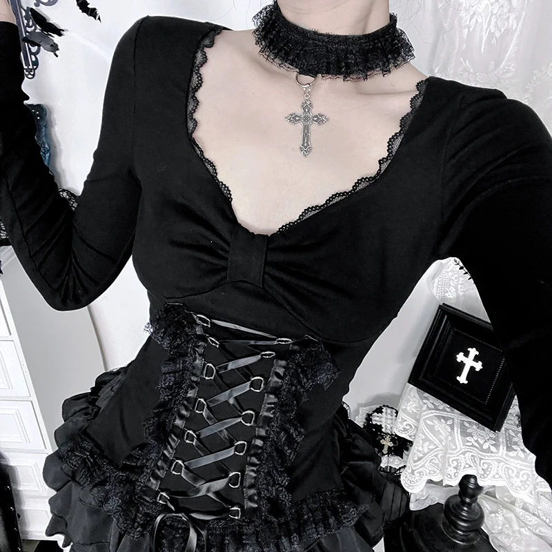 Camiseta Corset Estilo AltGoth Fairycore Grunge Gótico para Mujer, Estética Vintage Oscura, con Encaje y Parches, Cintura Alta, Estilo Bandage