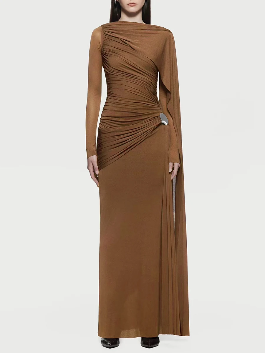TWOTWINSTYLE, vestidos adelgazantes con pliegues empalmados para mujer, cuello redondo, manga larga, vestido con cinta de retales, ropa femenina