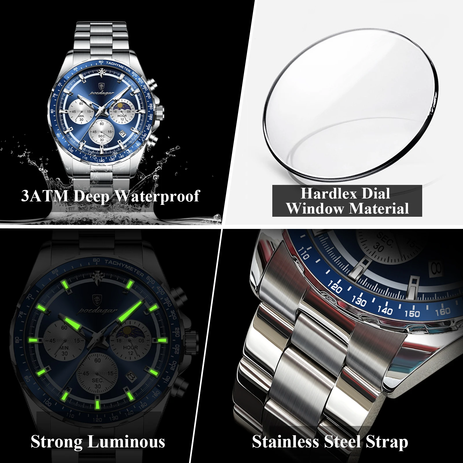 Reloj de Pulsera Deportivo de Moda POEDAGAR para Hombre, Reloj de Cuarzo Luminoso de Acero Inoxidable a Prueba de Agua con Cronógrafo y Fecha para Hombre