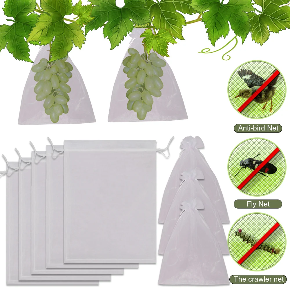 10-500 Uds red para Control de plagas bolsa de protección de frutas de uva con cordón Mango flores vegetales red de malla Anti pájaro para jardín