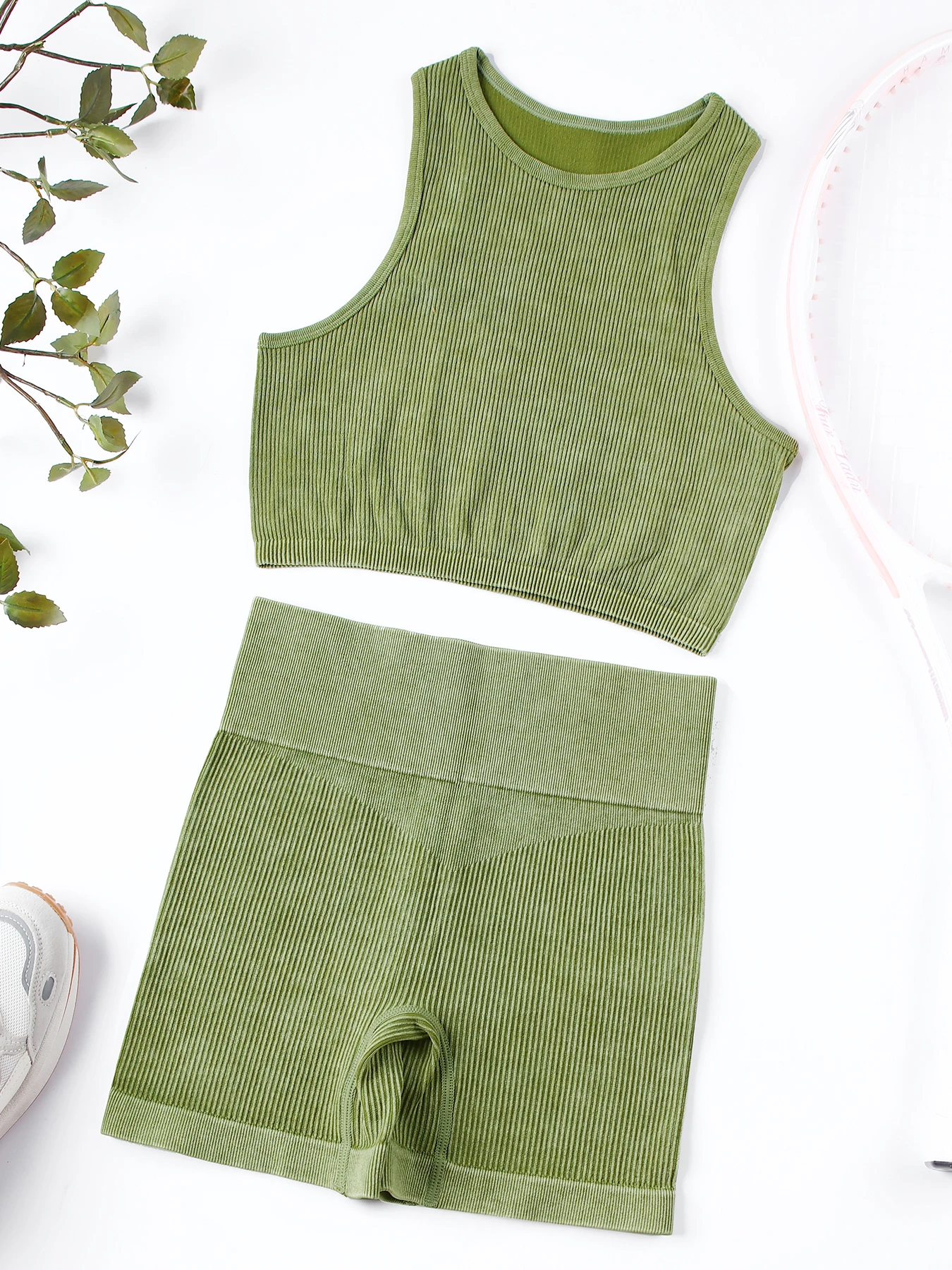 CHRLEISURE-traje de Yoga acanalado lavado para mujer, chaleco deportivo sin almohadilla con pantalones cortos de ciclismo, conjunto deportivo elástico ajustado, 2 uds.