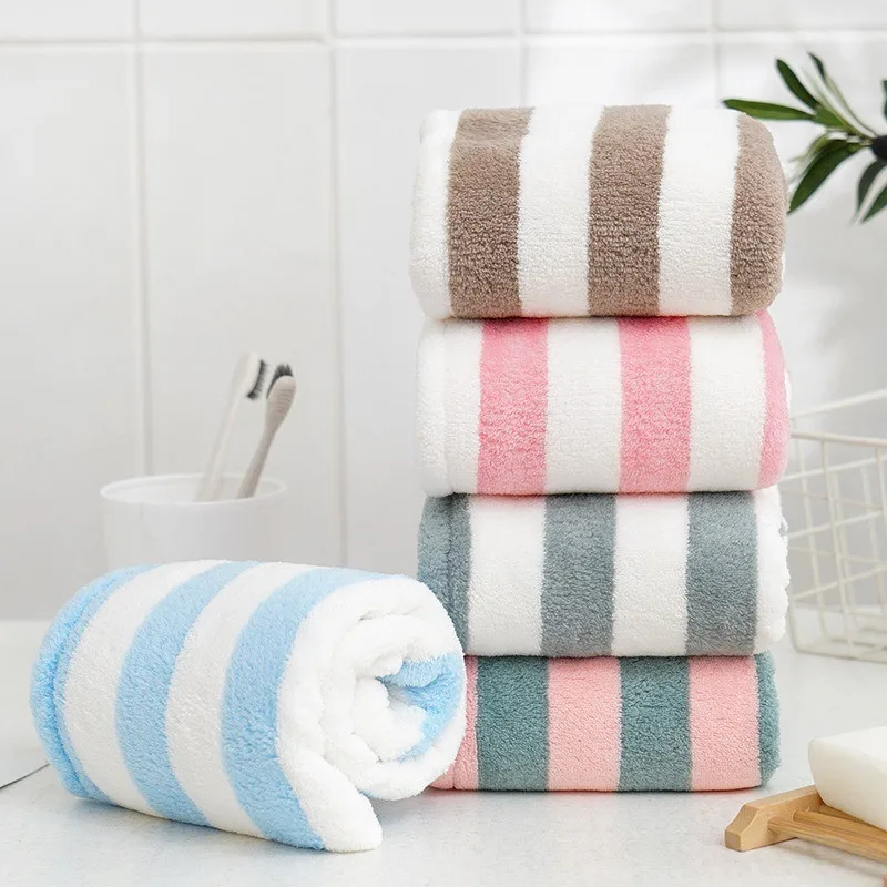 1 Toalla Absorbente para el Cabello de 26x65cm, Toalla de Felpa Coral con Diseño de Rayas Rosa y Azul, Regalo para el Regreso a Clases, para la Vida Diaria de los Estudiantes