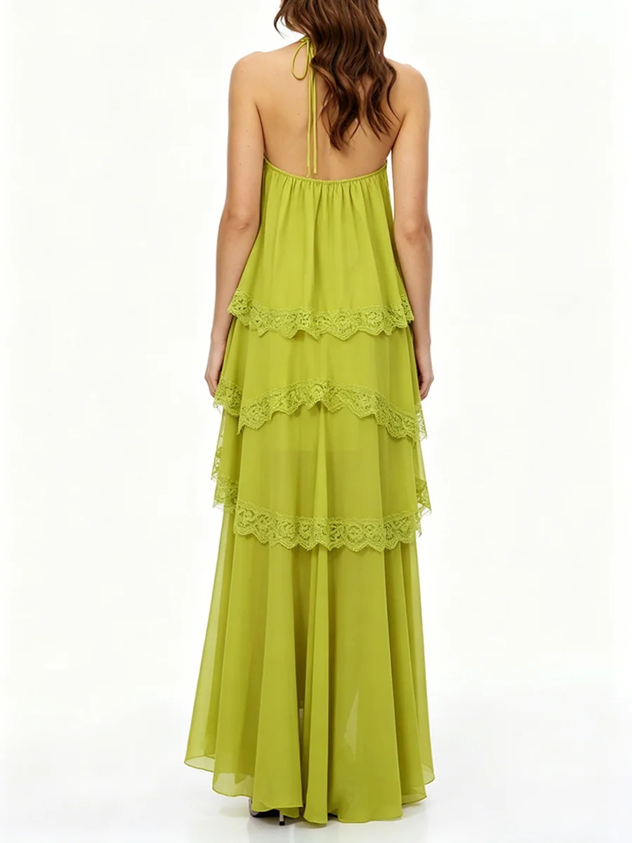 TWOTWINSTYLE Vestido Holgado con Encaje y Parches para Mujer, Cuello Halter, Sin Mangas, con Volantes y Pliegues, Elegante, Nuevo