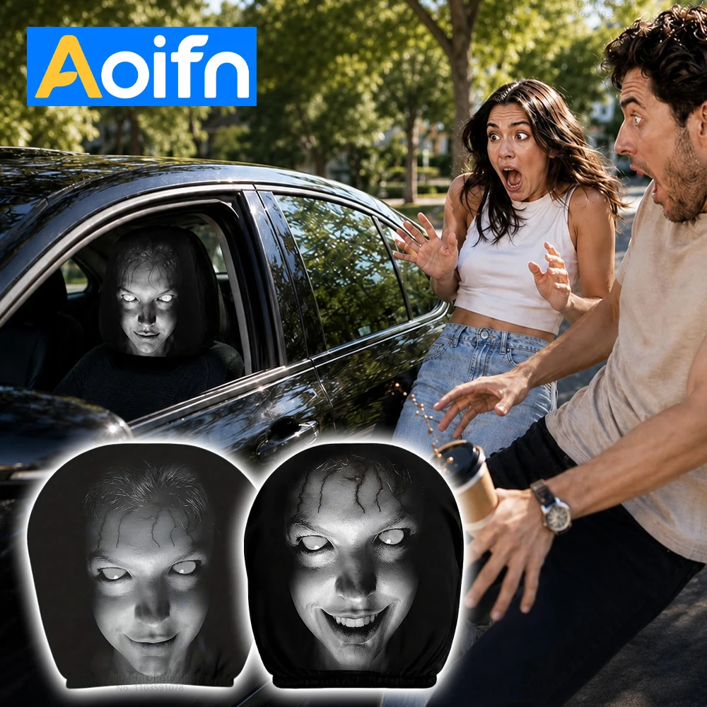 Fundas para reposacabezas de coche Aoifn Ghost Face, fundas universales para reposacabezas con temática de terror de Halloween, accesorios interiores de coche divertidos y aterradoras
