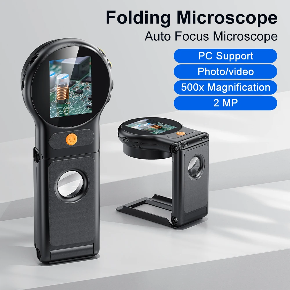 Microscopio Digital Autofocus 500X con 8leds, microscopios de vídeo tipo moneda de 2MP, lupa plegable de 2 pulgadas para reparación de electrónica