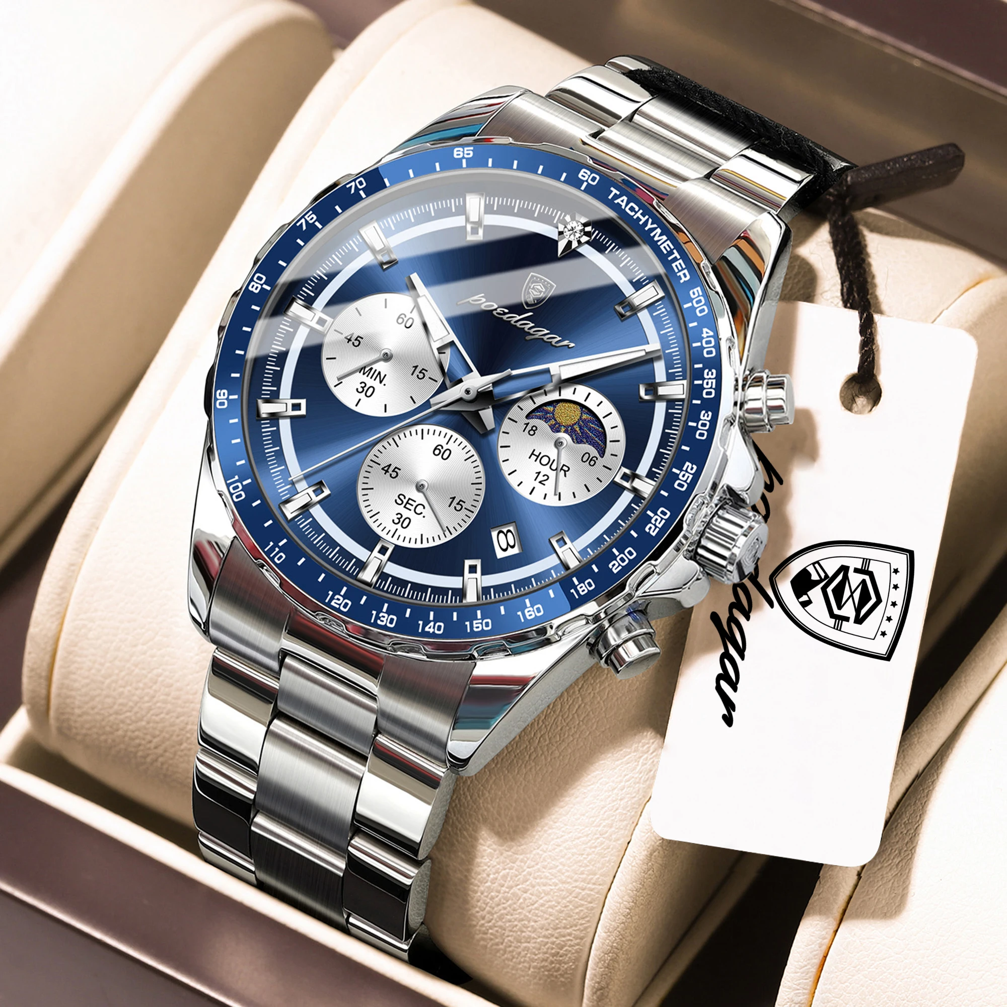 Reloj de Pulsera Deportivo de Moda POEDAGAR para Hombre, Reloj de Cuarzo Luminoso de Acero Inoxidable a Prueba de Agua con Cronógrafo y Fecha para Hombre