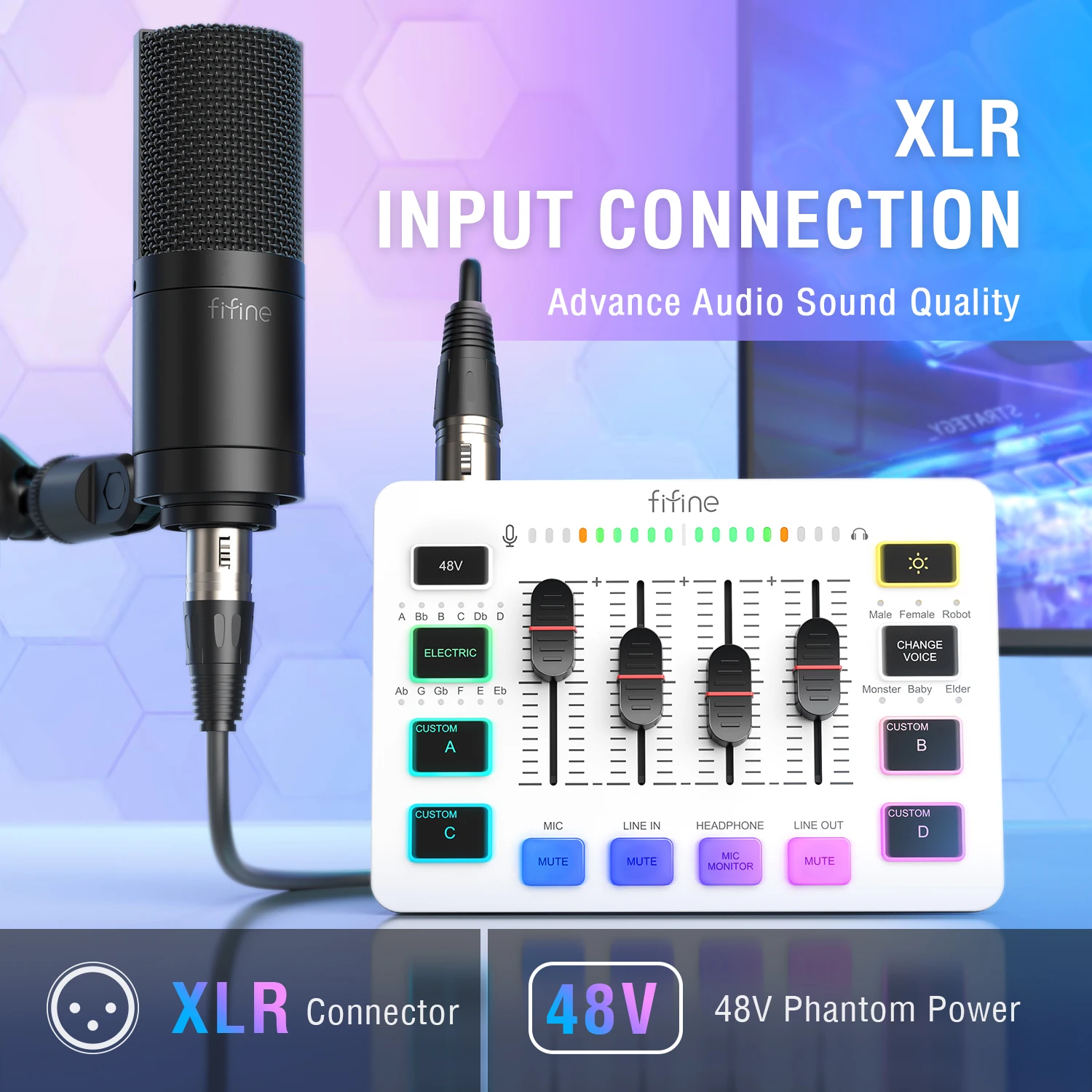 Mezclador USB para Juegos FIFINE con 4 Canales/Interfaz de Micrófono XLR/RGB, Mezclador de Sonido para Transmisión de Podcasts y Juegos AmpliGame SC3W