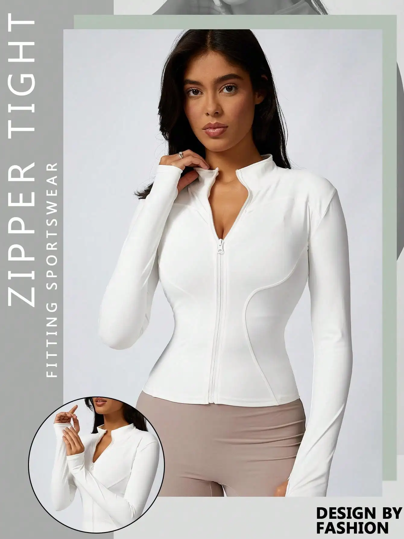 Chaqueta deportiva de cuello alto con cremallera de color sólido para mujer, top deportivo de manga larga, ropa de gimnasio, ropa deportiva para interiores y exteriores