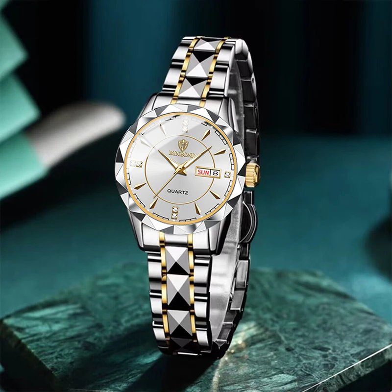 BINBONG, relojes para mujer, reloj de cuarzo de lujo a la moda para mujer, reloj de pulsera de acero inoxidable con fecha luminosa resistente al agua, regalo para amantes de la novia