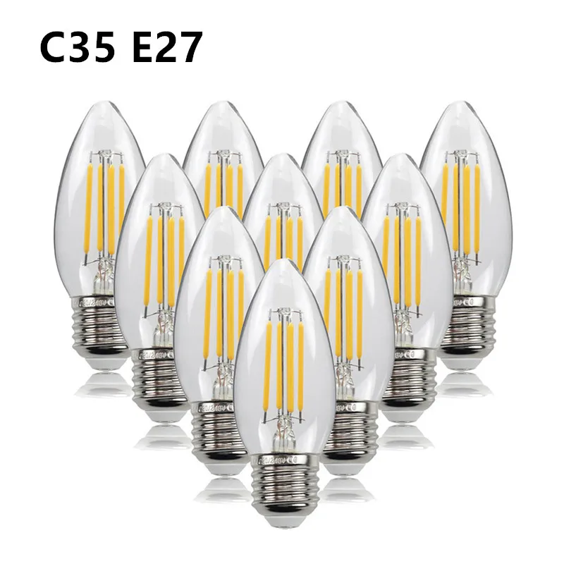 10 Uds bombilla LED C35 E14 E12 E27 220V 110V regulable 2W 4W 6W diseño vela de ahorro de energía luz de filamento blanco cálido lámpara de 360 grados