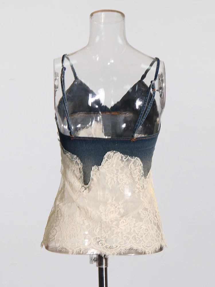 TWOTWINSTYLE-Conjunto de dos piezas de encaje de retazos para mujer, Tops sin mangas con cuello en V, pantalones sueltos de cintura alta, conjuntos de mezclilla adelgazante, nuevo