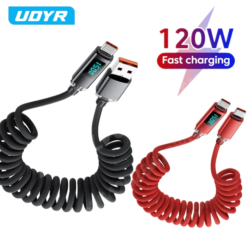 Cable retráctil para coche de 120W, resorte de pantalla Digital, Cable USB A tipo C a tipo C para Samsung iPhone 16, Cable cargador de carga rápida