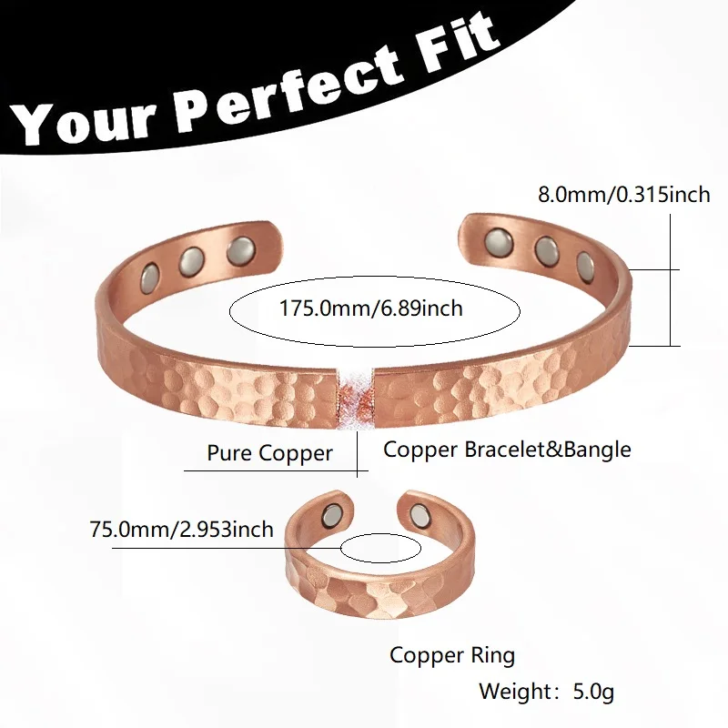 Juego de pulsera y anillo de cobre puro de 2 piezas, diseño de patrón de martillo ajustable, hermoso conjunto de joyería, bueno para regalos festivos