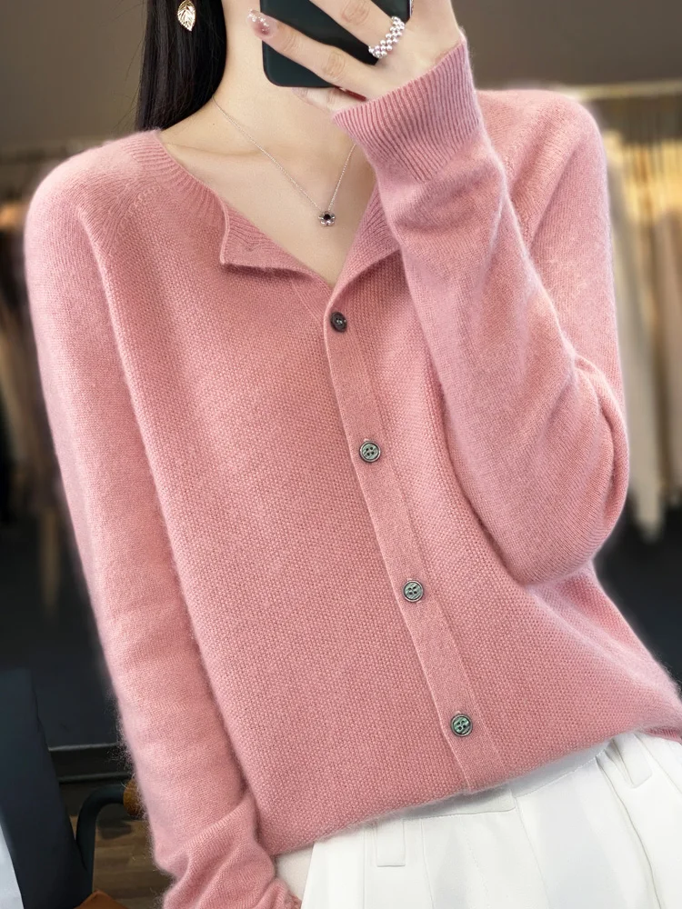 Suéteres de manga larga 100% lana merino para primavera y otoño, tops de punto con cuello redondo para mujer, ropa básica de moda