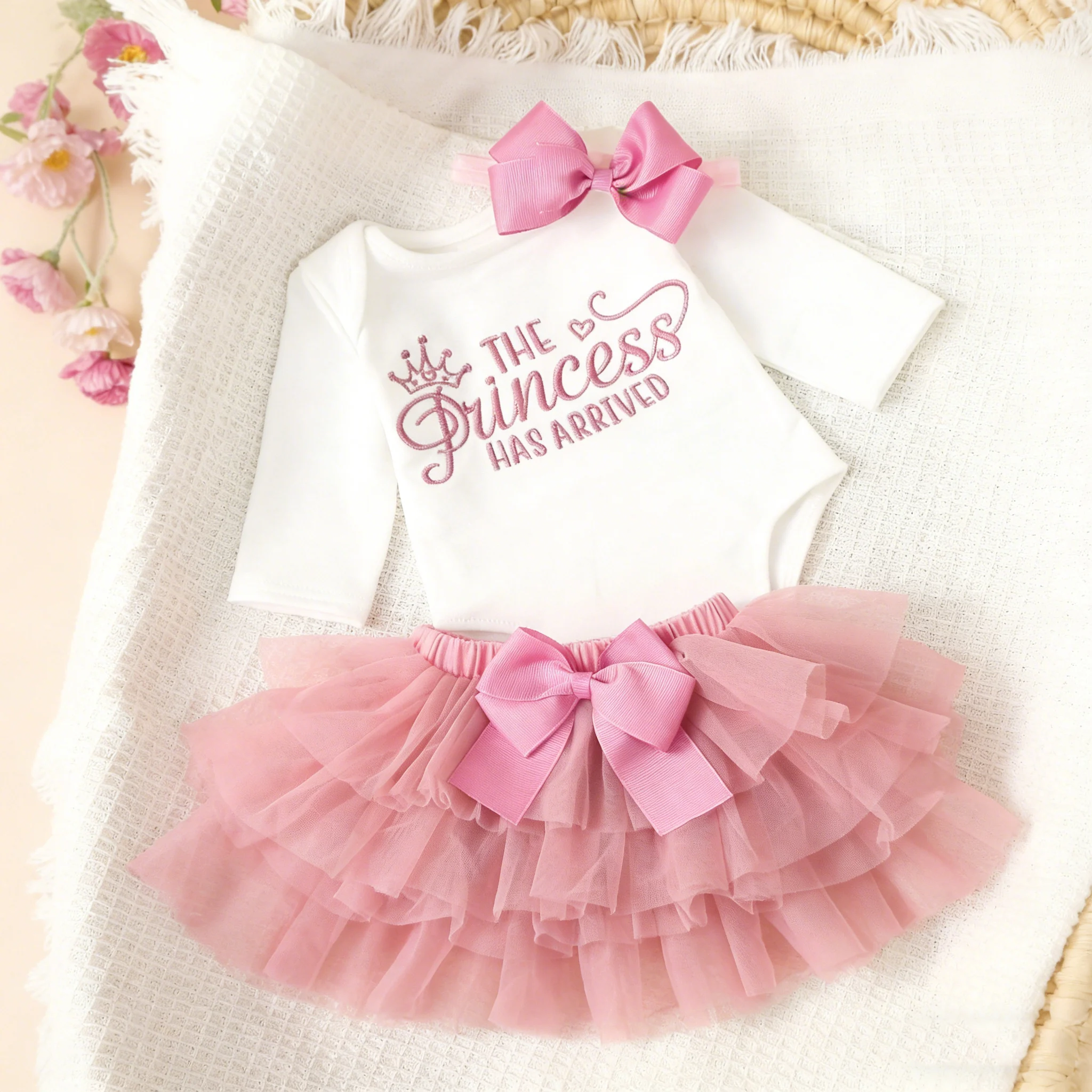 Ylsteed-Conjuntos de ropa para fotografía de recién nacidos, mono con estampado de letras para niñas, falda de tul rosa, diadema, accesorios para fotografía-HD