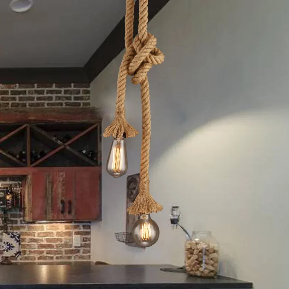 Luces colgantes de cuerda de cáñamo Vintage Industrial E27, iluminación interior con personalidad de ático para Loft/sala de estar/Candelabro colgante de Bar