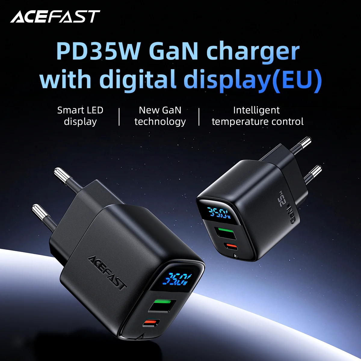 Cargador de teléfono USB C de carga rápida ACEFAST GaN de 35 W para Samsung S25 S24, adaptador de pared con carga rápida PD QC y pantalla digital LED.