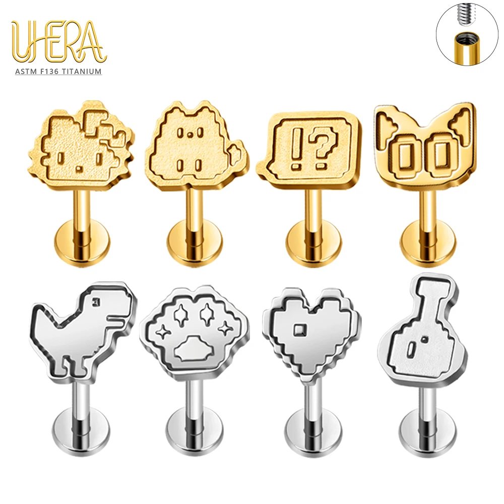 Piercing de Titanio ASTM F136 G23 con Diseño Gráfico Pixelado, Rosca Interna, para Tragus, Hélix, Cartílago, Oreja, Labio y Cuerpo