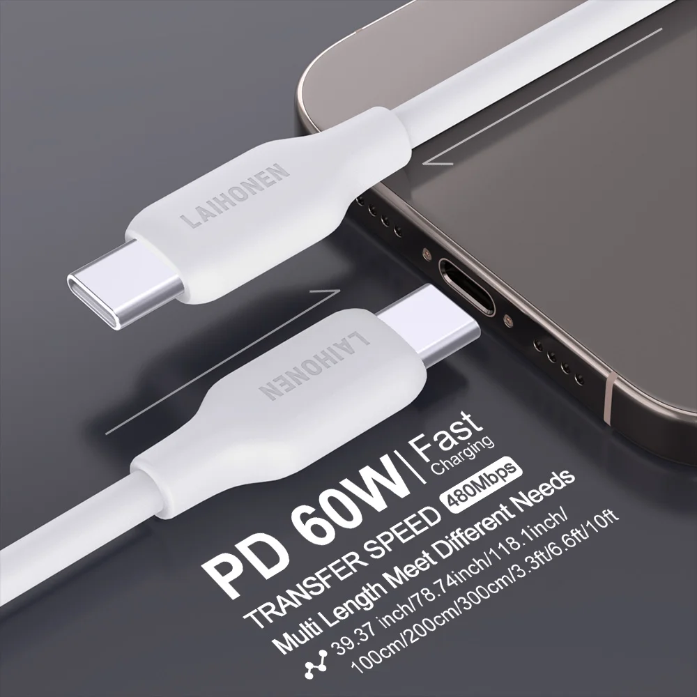 Cable de Silicona Líquida Tipo C con Carga Súper Rápida PD de 60W 3A, Cable USB de Carga Rápida de 1M 2M 3M, Cable USB C a C