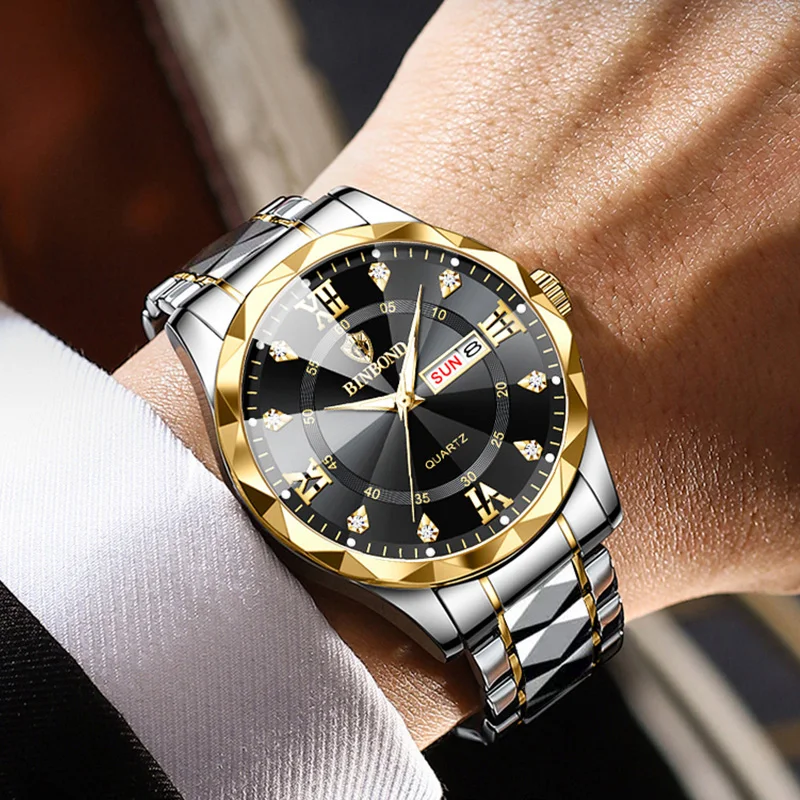 BINBOND-Reloj de pulsera de acero inoxidable para hombre, cronógrafo de lujo con botón oculto, cierre luminoso, resistente al agua, con fecha y semana