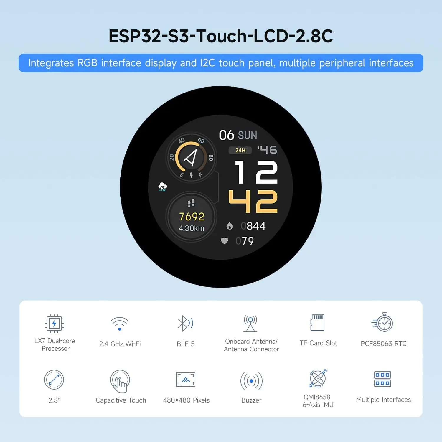 Waveshare ESP32-S3 pantalla táctil IPS de 2,8 pulgadas placa de desarrollo LCD redonda procesador LX7 de 32 bits pantalla ESP32 para ArduinoIDE ESP-IDF
