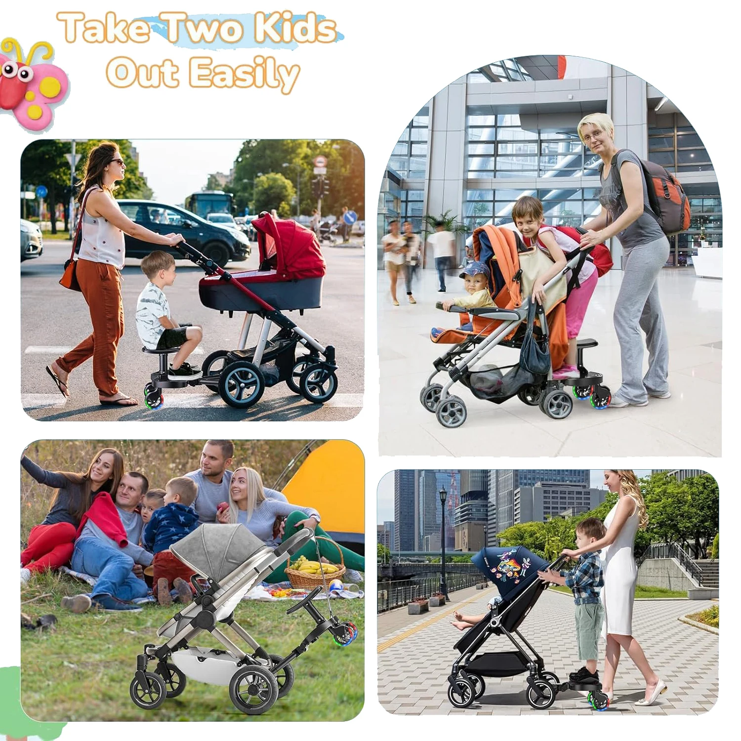 Plataforma Universal para Cochecito con Asiento, Adaptador de Plataforma para Cochecitos, Plataforma para Niños con Ruedas LED, Soporta hasta 55 Libras