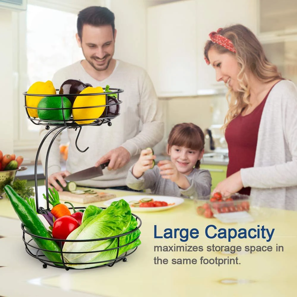 LMETJMA-cesta de frutas para encimera de 2 niveles, cuenco con colgador de plátano, soporte de frutas de alambre de Metal para cocina, organizador de almacenamiento JT312