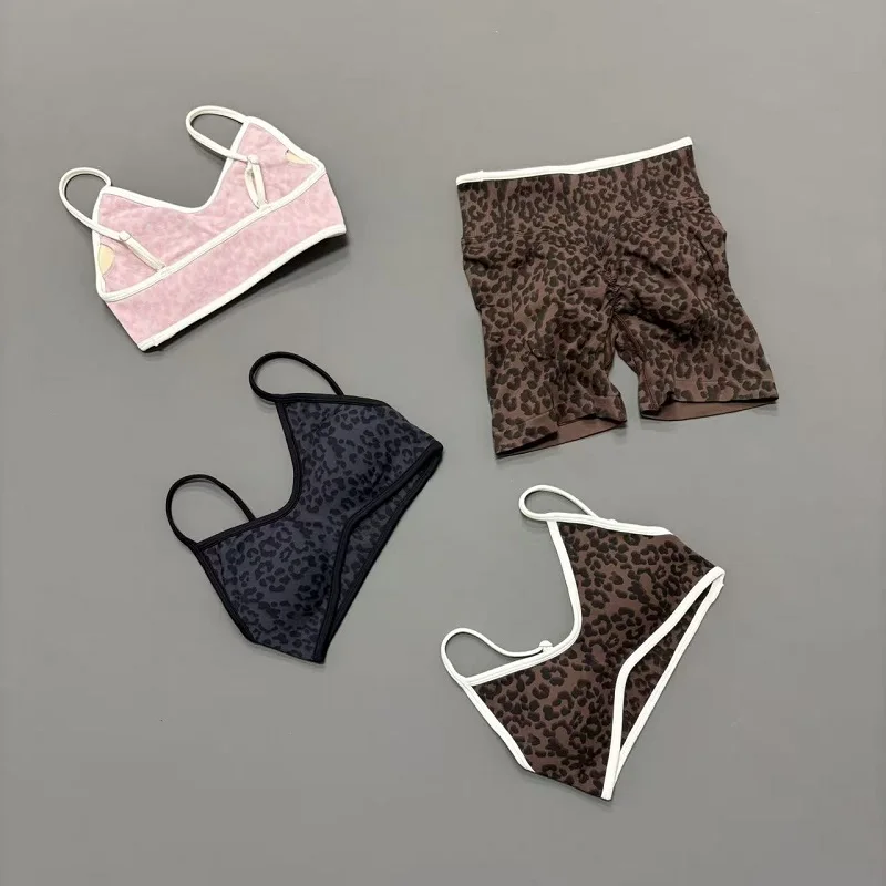 Conjunto Deportivo de 2 Piezas con Estampado de Leopardo para Mujer, Bra Deportivo Sin Costuras y Shorts de Cintura Alta con Efecto Push-Up, Ropa Deportiva Ajustada para Gimnasio