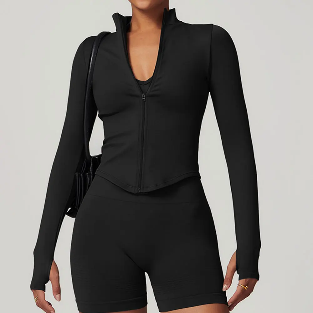 Chaqueta con cremallera para mujer, Tops cortos, camisetas de Yoga, Top deportivo liso, camisas para correr de manga larga, ropa deportiva Sexy de secado rápido para gimnasio y Fitness