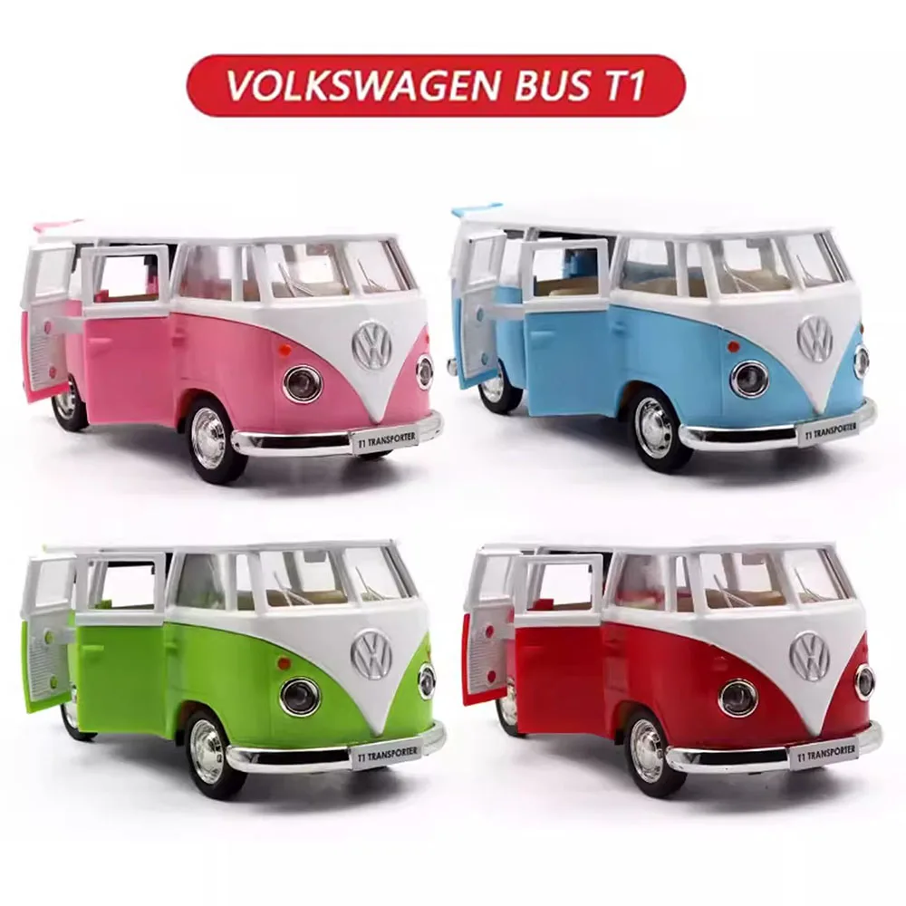 1:36 Volkswagen VW T1 autobús coche de juguete modelo aleación Diecast con puertas extraíbles modelos de furgoneta abierta los mejores regalos para niños juguete