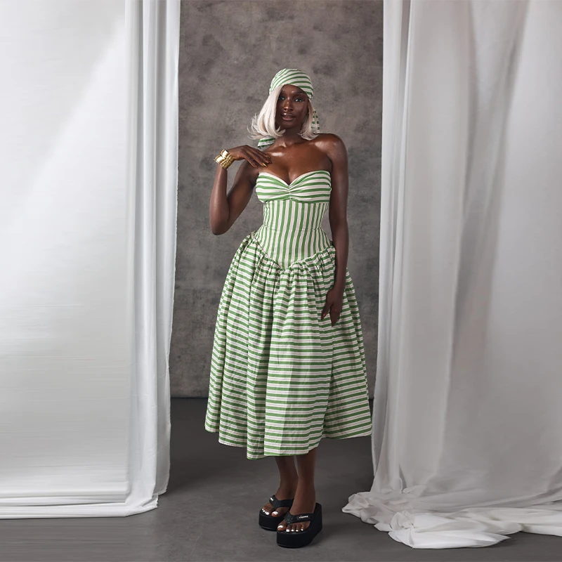 Vestido Fresco de Verano a Rayas Vintage sin Tirantes, Ajustado, Elegante y Chic para Mujer, Atuendo Lindo para la Playa
