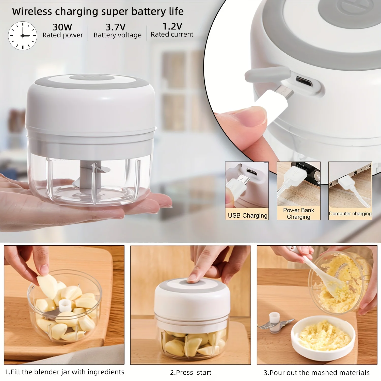 Picadora eléctrica de alimentos para cocina, Mini trituradora de ajo, picadora de carne portátil USB, picadora de verduras para Gadgets de cocina