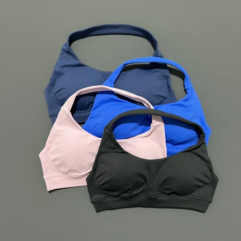 Sujetador deportivo sin costuras para mujer, ropa de Yoga con cuello Halter, copas extraíbles, ropa de entrenamiento para mujer, sujetador sin espalda para gimnasio, Tops de entrenamiento para correr