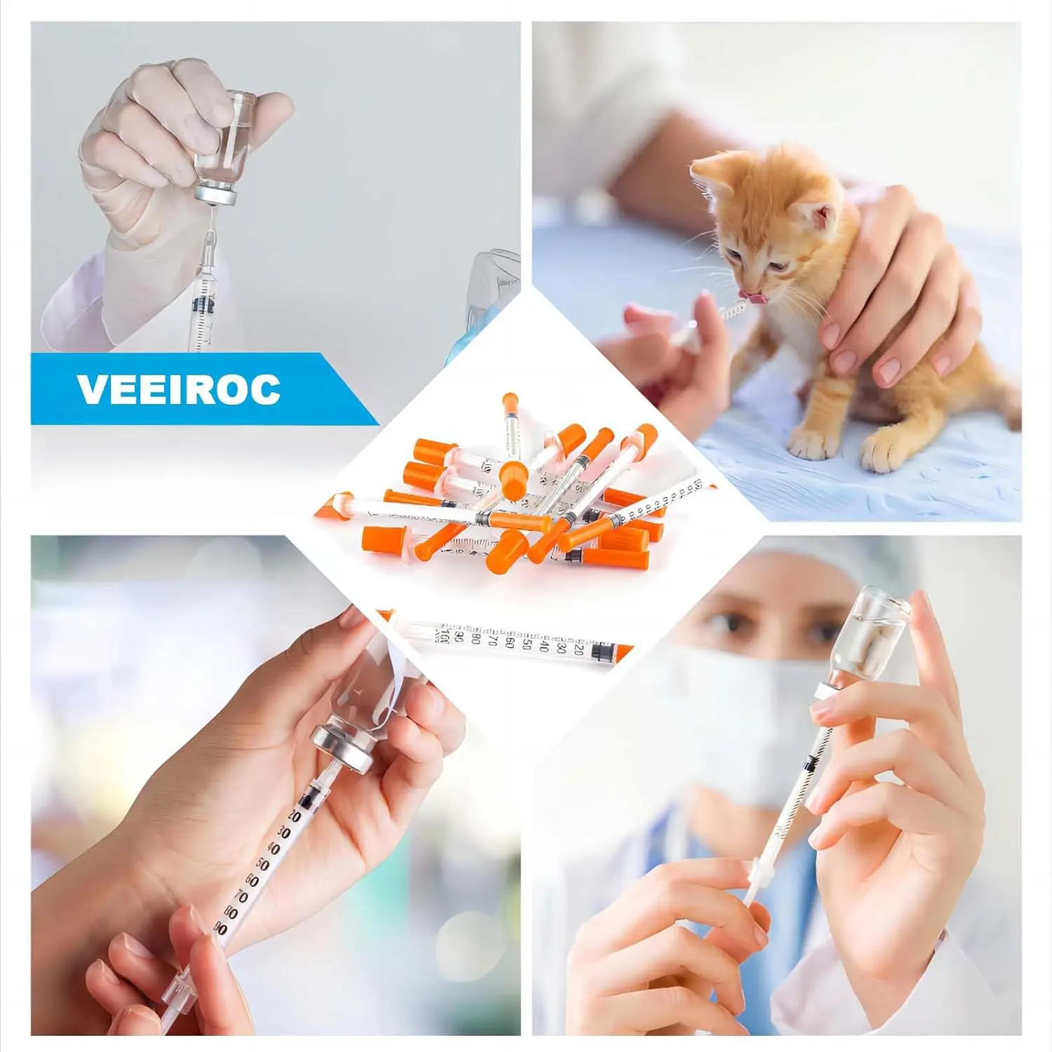 25/80 unidades de jeringa de insulina estéril desechable de 1 ml con aguja de 30/31G y tapa naranja, empaquetadas individualmente para mascotas y animales de granja