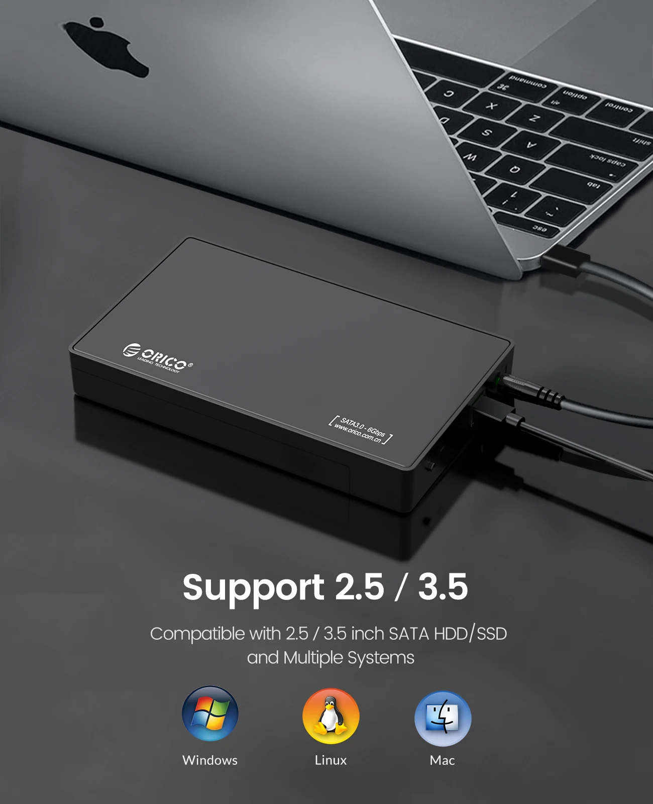 ORICO-carcasa de disco duro externo de 3,5 pulgadas, carcasa tipo C SATA a USB3.0 HDD para SSD de 2,5/3,5 pulgadas, compatible con UASP