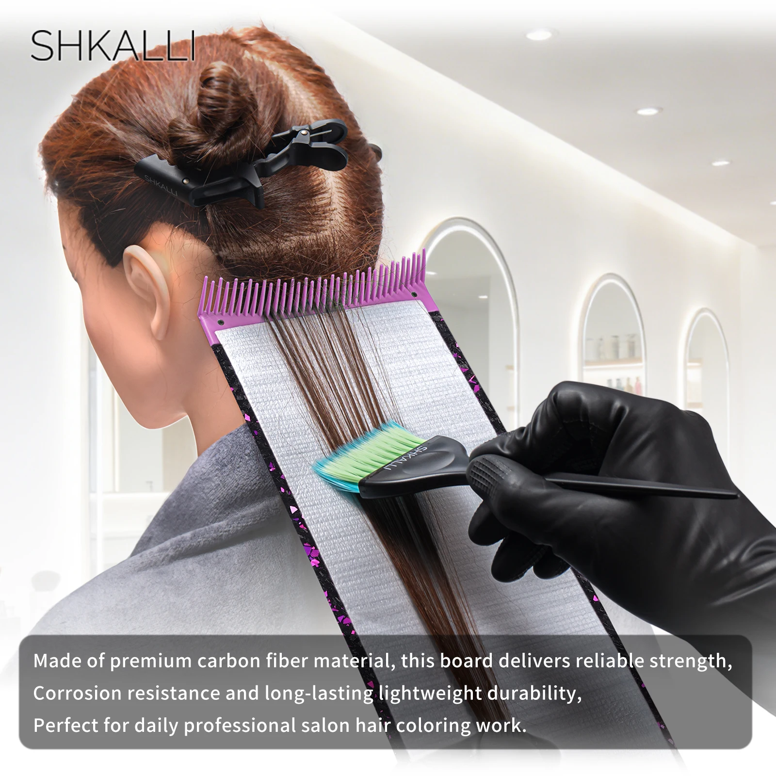 SHKALLI Tabla de fibra de carbono para teñir el cabello con peine integrado, copos de purpurina, herramienta profesional ligera para mechas