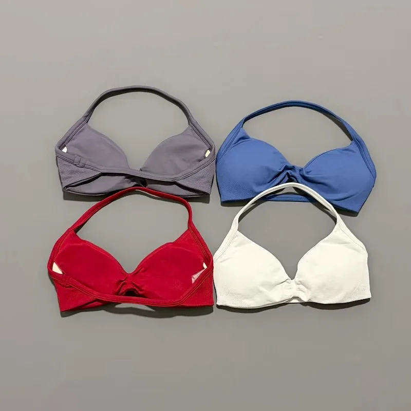 HISTELLO-Sujetador de tiras para gimnasio para mujer, Top de alto soporte con tirantes finos, sujetadores deportivos sin costuras con cuello Halter, camisetas sin mangas para entrenamiento de realce y Yoga