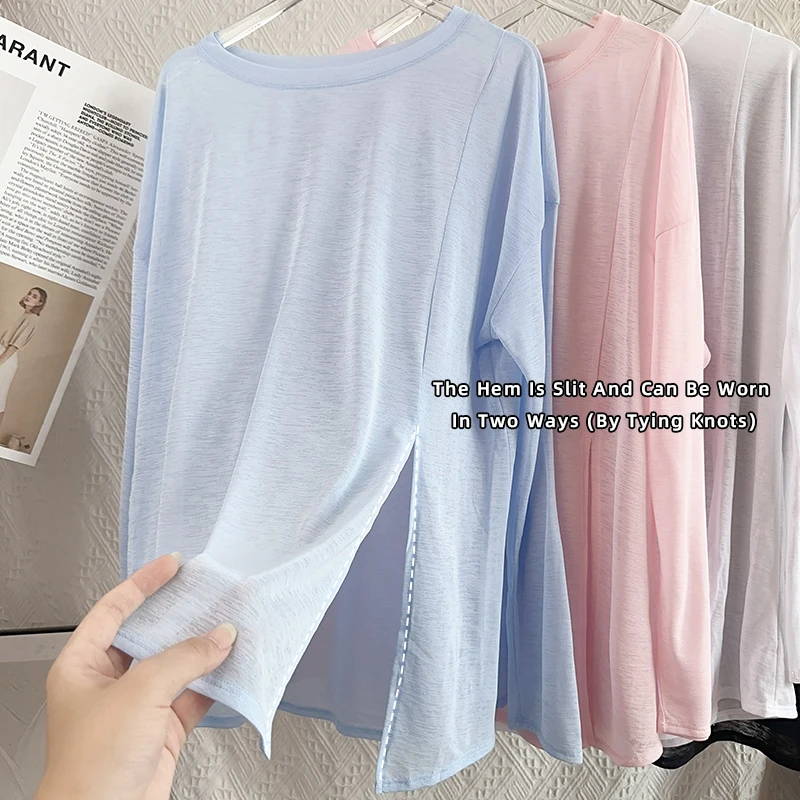 Camisas de Yoga para mujer, Tops deportivos de manga larga con cuello redondo, camiseta transpirable para correr, ropa holgada para Fitness, ropa deportiva para gimnasio, camisetas de Pilates