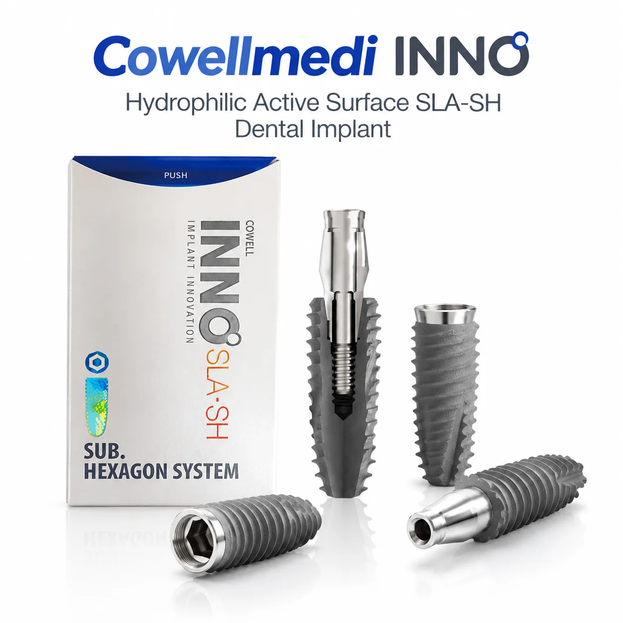 Implante dental sumergido Cowellmedi INNO SLA‑SH, con superficie activa hidrofílica, fijación de titanio y conexión Morse con hexágono interno.