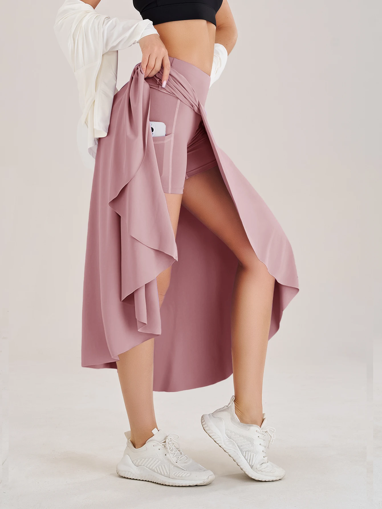 Falda pantalón de tenis para mujer, pantalones cortos con bolsillos laterales y apertura en la cintura, vestido largo, ropa deportiva para Fitness, entrenamiento