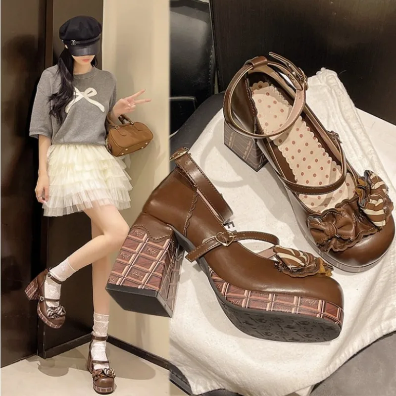 2025 dulce niñas Lolita tacones altos plataforma bombas Bowknots correa de tobillo Janes zapatos para mujeres tacones de primavera otoño