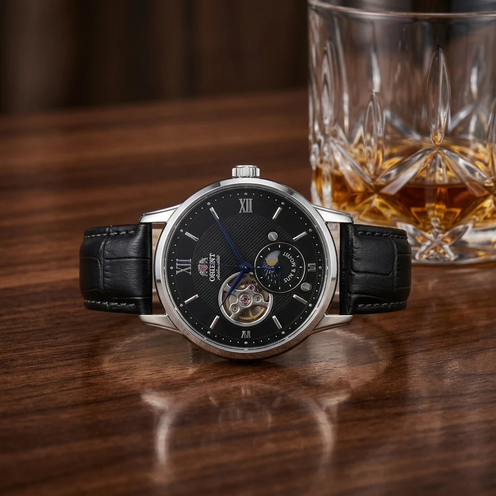 Reloj Mecánico Automático Orient para Hombre, Fase Solar y Lunar, Esfera Esqueletizada, Correa de Cuero con Textura de Cocodrilo, Reloj de Pulsera para Caballero de Negocios