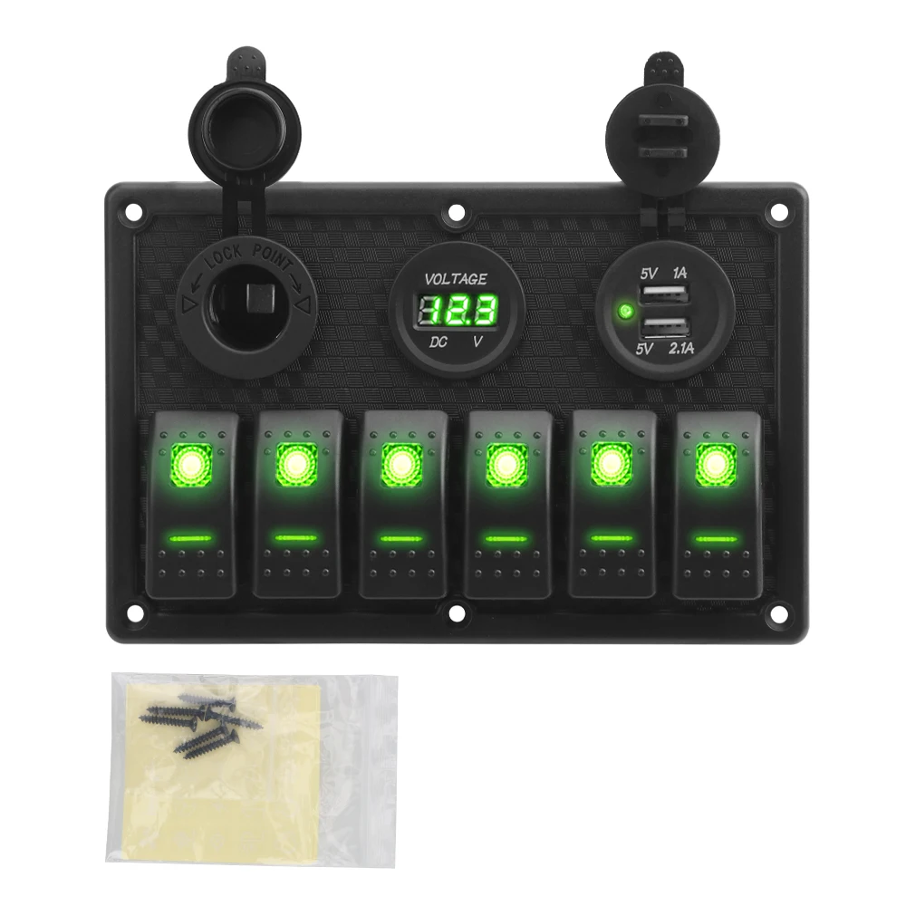 Panel de interruptor basculante de 6 entradas con ranura USB Dual de 4,2 A, pantalla de voltaje Digital para barco marino, coche, vehículos Rv, camión, yate