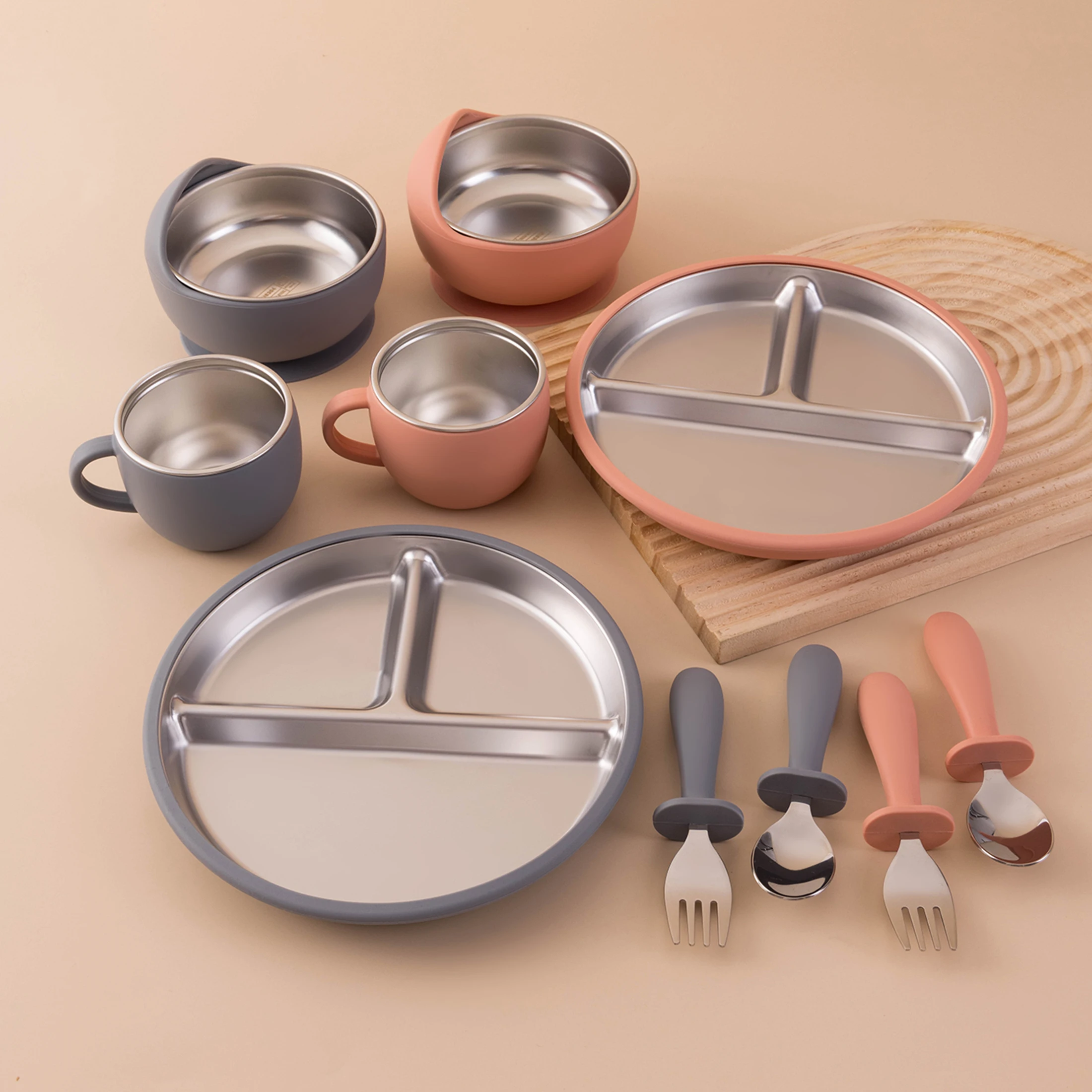 Color niños 5 uds juego de alimentación de bebé vajilla de silicona de acero inoxidable platos con ventosa plato tazón tenedor de entrenamiento cuchara taza infantil