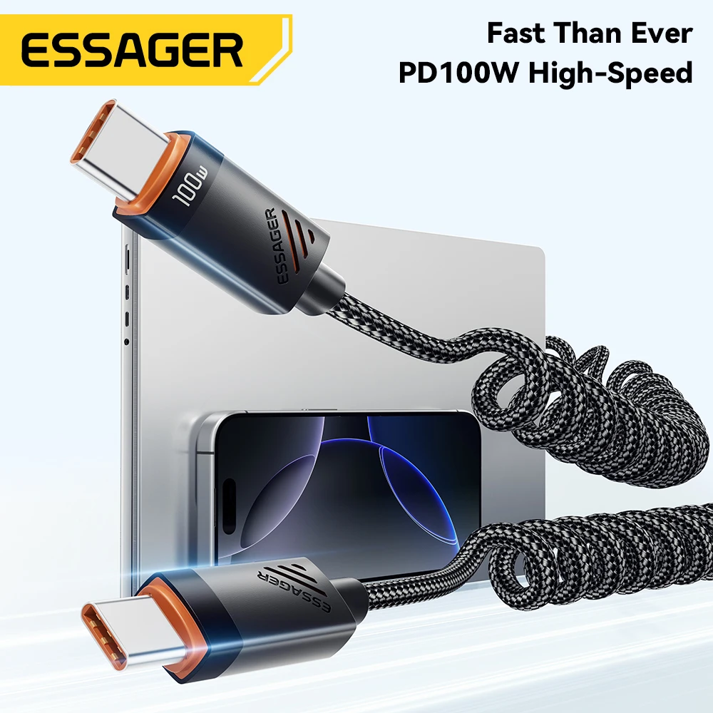 Essager Cable tipo C de resorte para coche para iPhone 16 15 Xiaomi Samsung 100W PD carga rápida para Macbook iPad Cable tipo C a tipo C