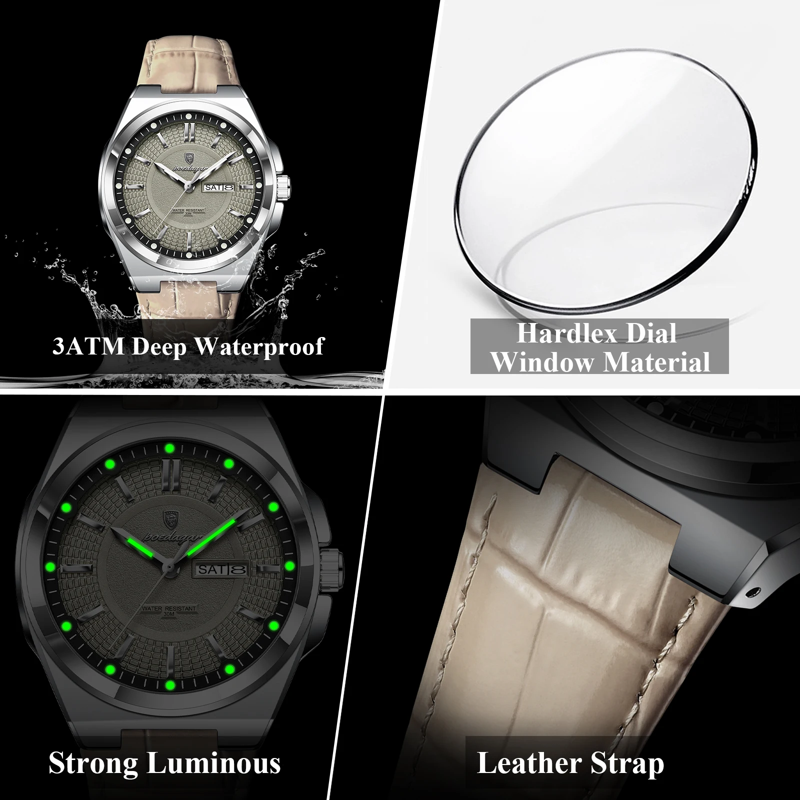 Reloj de Pulsera Masculino POEDAGAR de Moda, Resistente al Agua, Luminoso, con Fecha y Día de la Semana, Reloj de Cuarzo con Correa de Cuero para Hombre, Reloj Hombre