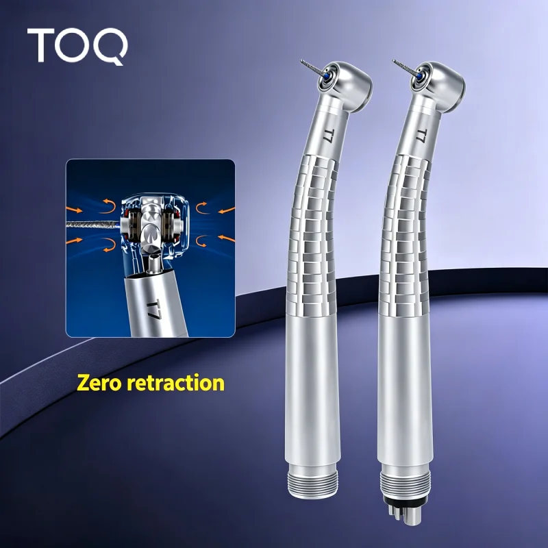 TOQ Serie T7 Pieza de mano dental de alta velocidad con retracción cero, fibra óptica LED, turbina de aire, mango de titanio, 2/4 orificios, botón de presión