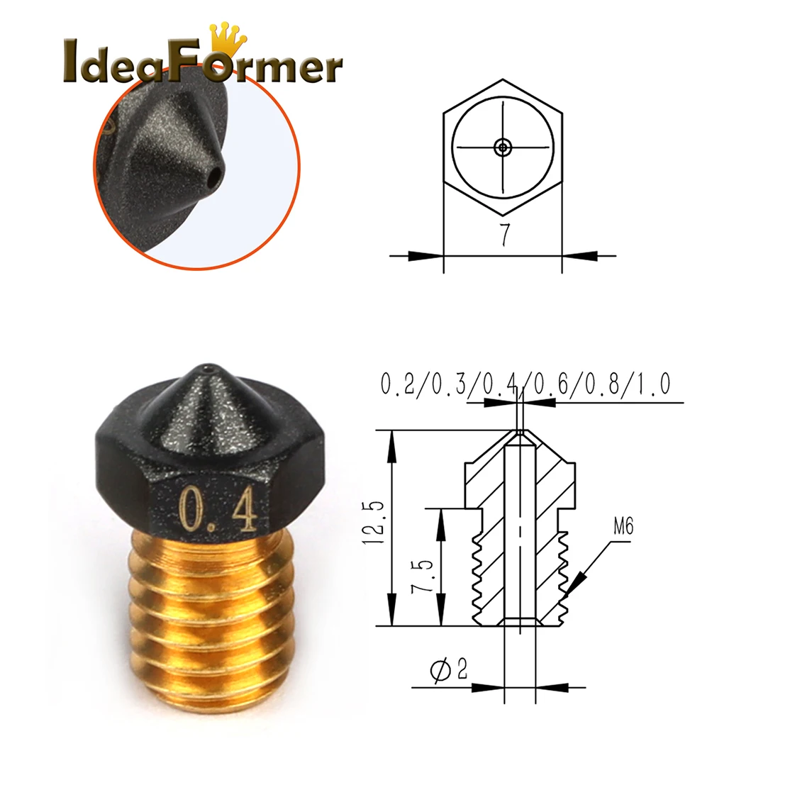 Boquilla de latón recubierta de PTFE E3D V6, 0,2/0,4/0,5/0,6/0,8/1,0mm, 1,75mm, M6, boquillas V6 para impresora 3D, Ender3 Titan Prusa I3 MK3, 1/2/5 unidades