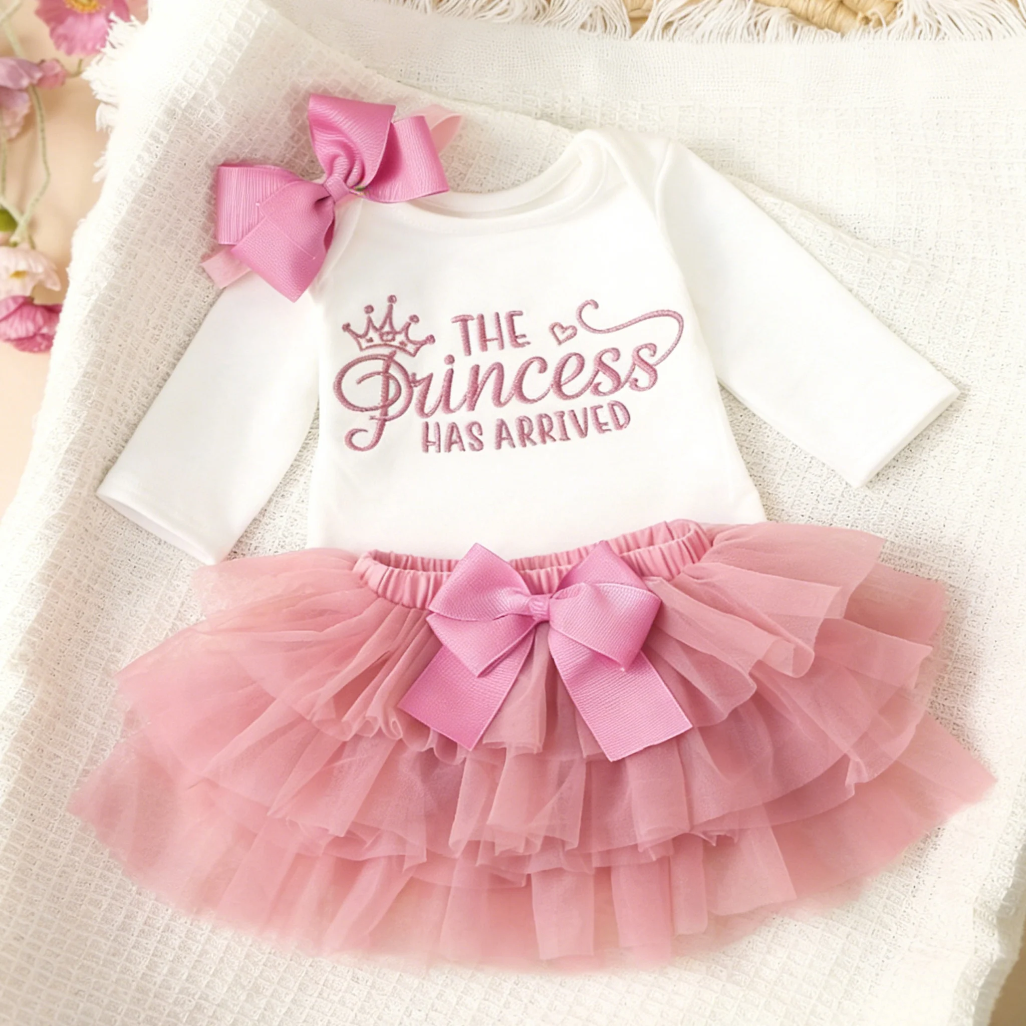 Ylsteed-Conjuntos de ropa para fotografía de recién nacidos, mono con estampado de letras para niñas, falda de tul rosa, diadema, accesorios para fotografía-HD