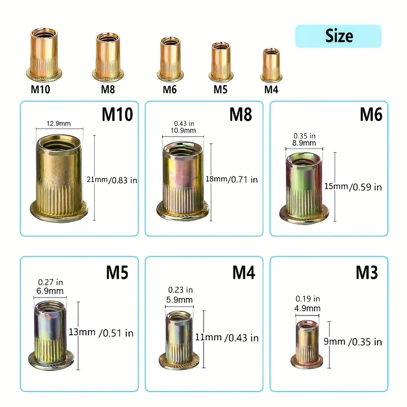Surtido de tuercas remachables de acero al carbono con revestimiento de color, 220 piezas, tuercas remachables M3-M10, para parachoques de automóviles, placas de matrícula, puertas y ventanas Insta